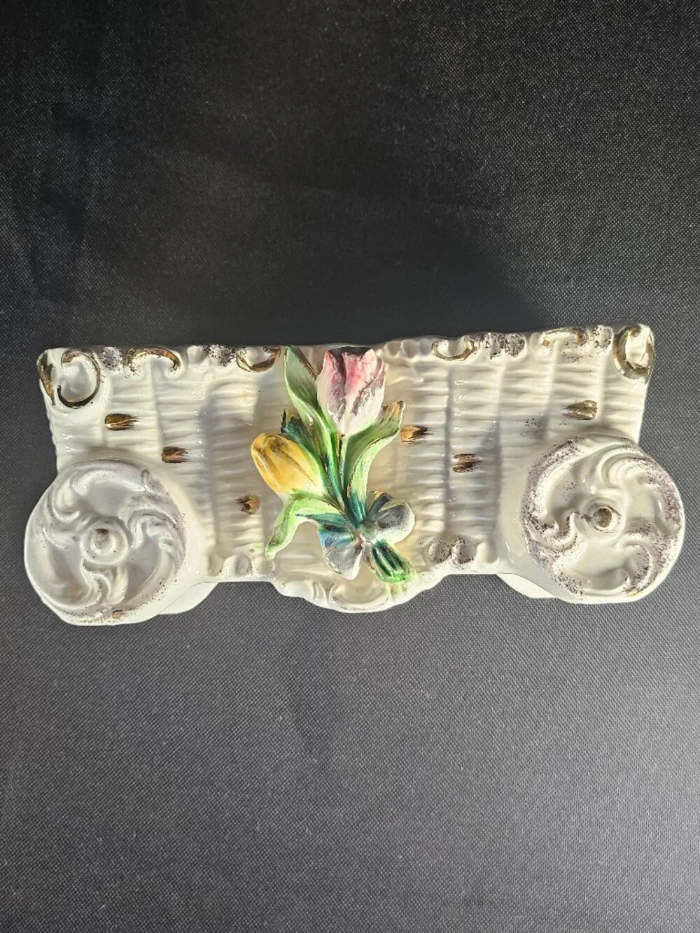 Tilso Japan's Ceramic Basket Wagon Planter Hand Painted Tulips Gold Trim